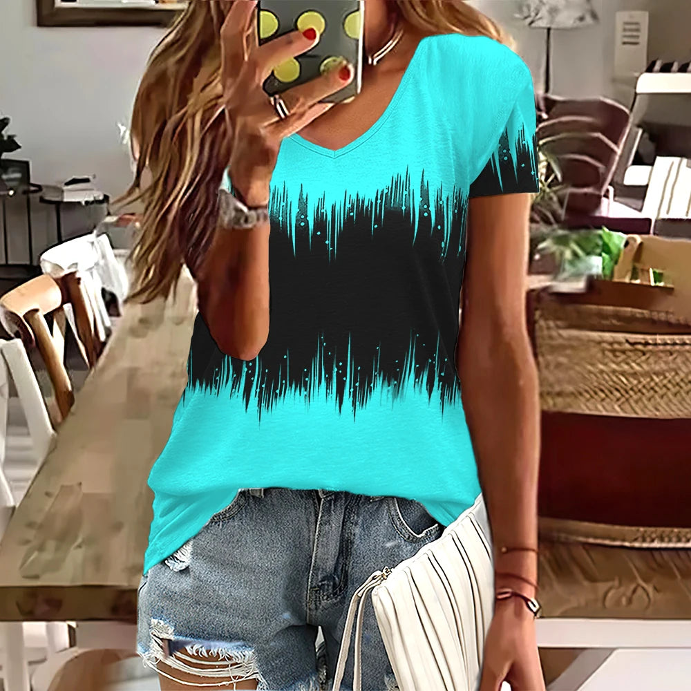 Camiseta Streetwear Mujer – Cuello en V, Rayas Degradadas, Manga Corta, Estilo Oversized Verano (S–2XL) Camisetas Mujer Oversized NovaVitalShop