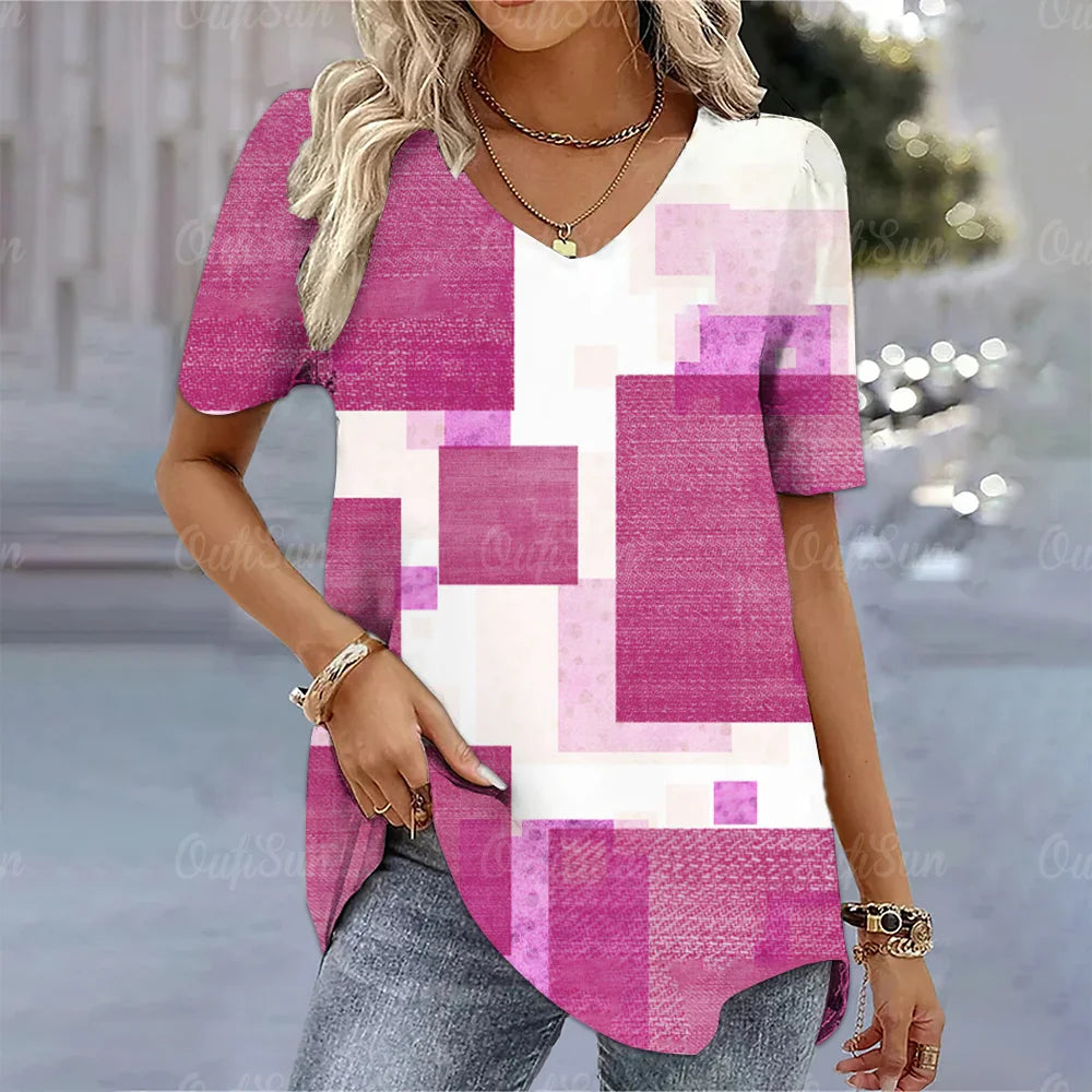 Aura Urbana 3D – Camiseta Degradada Estilo Harajuku con Cuello en V para Mujer (Oversized, Talla S–2XL)