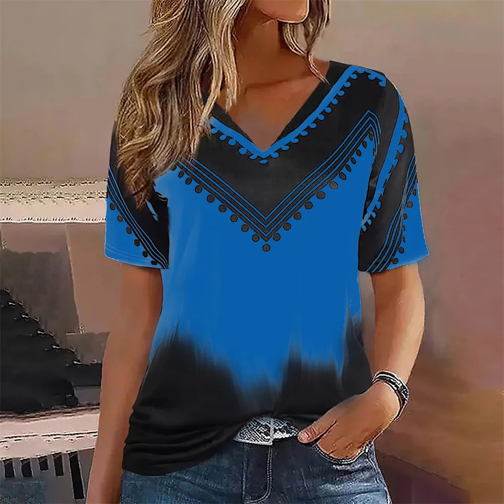 Camiseta Streetwear Mujer – Cuello en V, Rayas Degradadas, Manga Corta, Estilo Oversized Verano (S–2XL) Camisetas Mujer Oversized NovaVitalShop