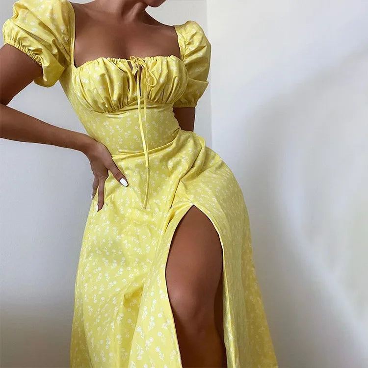 Vestido Largo Floral con Mangas Abullonadas – Estilo Bohemio y Elegancia de Verano (Cuello Cuadrado, Corte A, Talla S–XL) leggings mujer NovaVitalShop