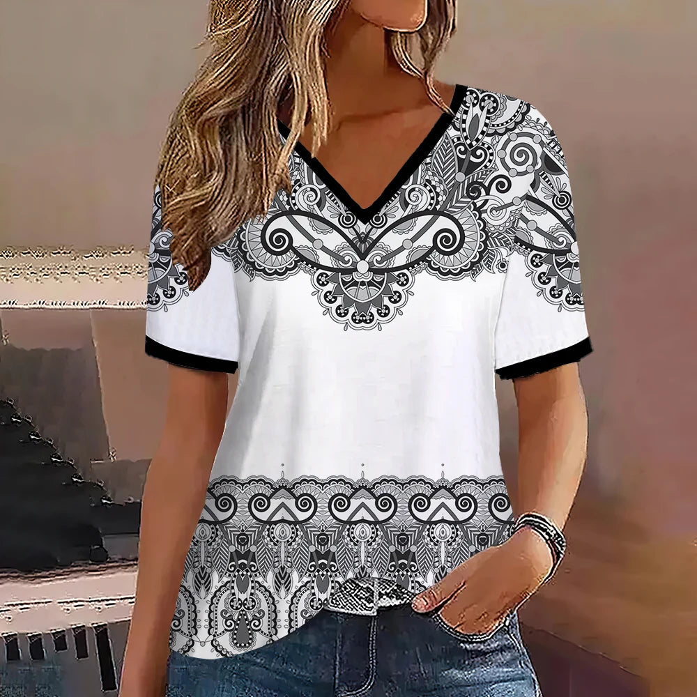 Camiseta Streetwear Mujer – Cuello en V, Rayas Degradadas, Manga Corta, Estilo Oversized Verano (S–2XL) Camisetas Mujer Oversized NovaVitalShop K01-SM11725 L