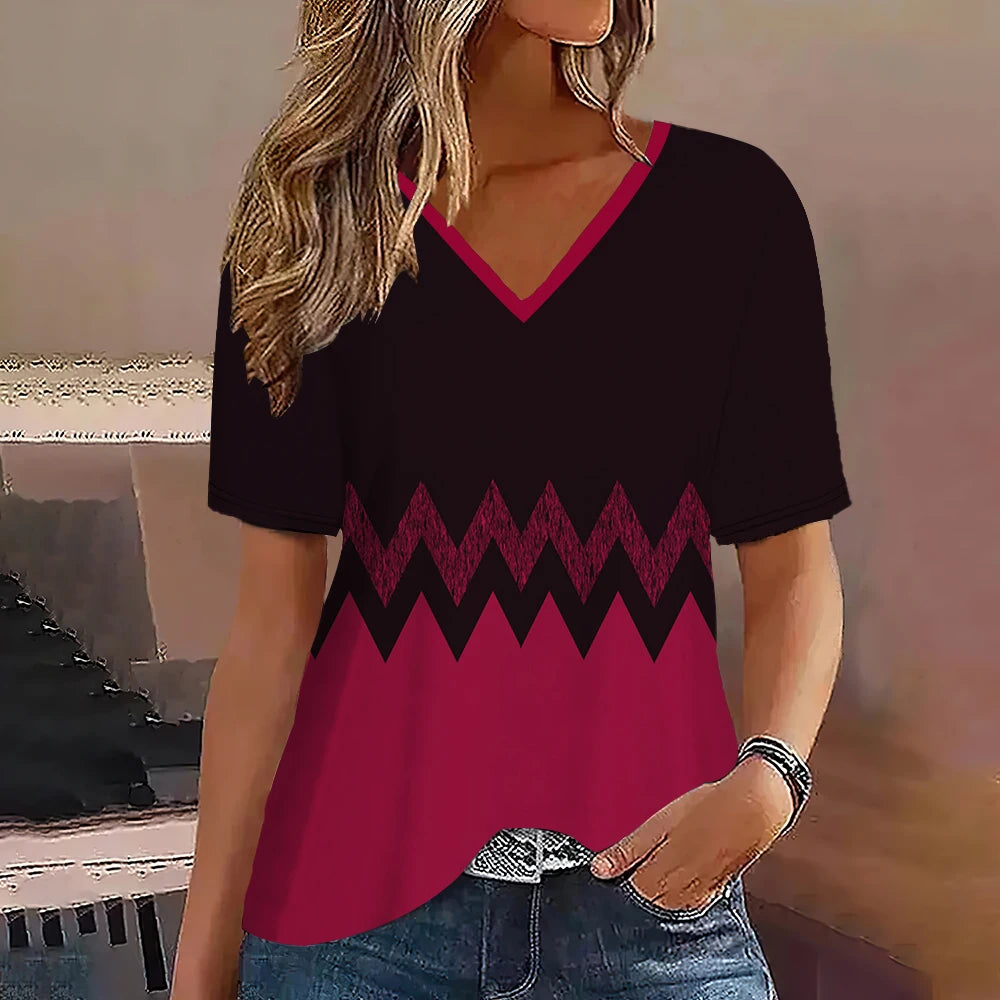 Camiseta Streetwear Mujer – Cuello en V, Rayas Degradadas, Manga Corta, Estilo Oversized Verano (S–2XL) Camisetas Mujer Oversized NovaVitalShop K01-SM11732 L
