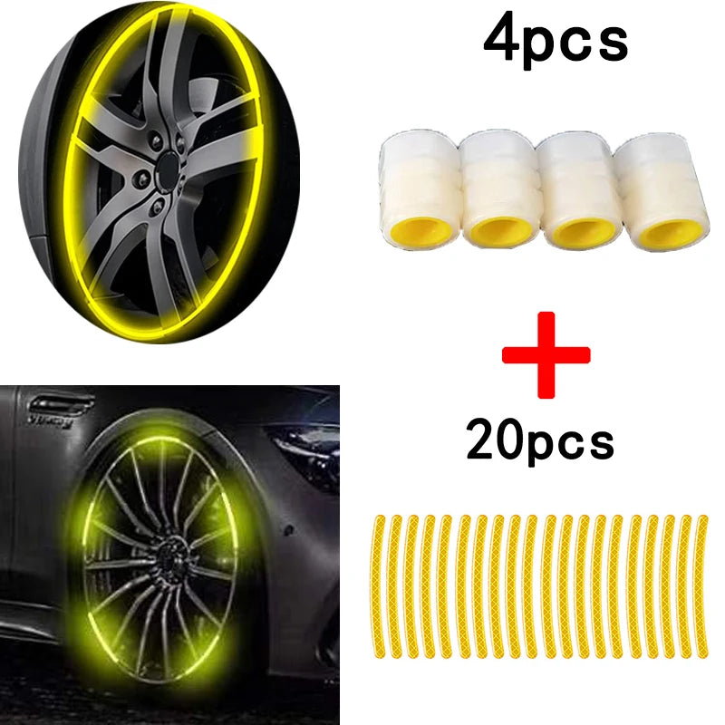 Kit Decorativo para Ruedas – 20 Stickers Reflectantes + 4 Tapas de Válvula Fluorescentes (Universal para Auto, Moto y Bicicleta) auto NovaVitalShop