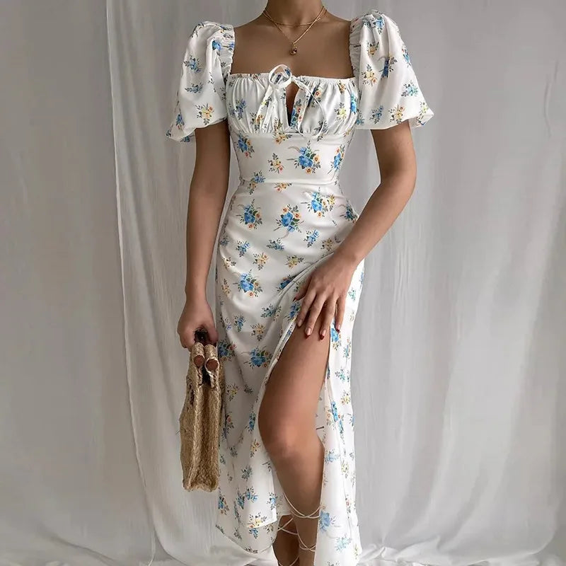 Vestido Largo Floral con Mangas Abullonadas – Estilo Bohemio y Elegancia de Verano (Cuello Cuadrado, Corte A, Talla S–XL) leggings mujer NovaVitalShop