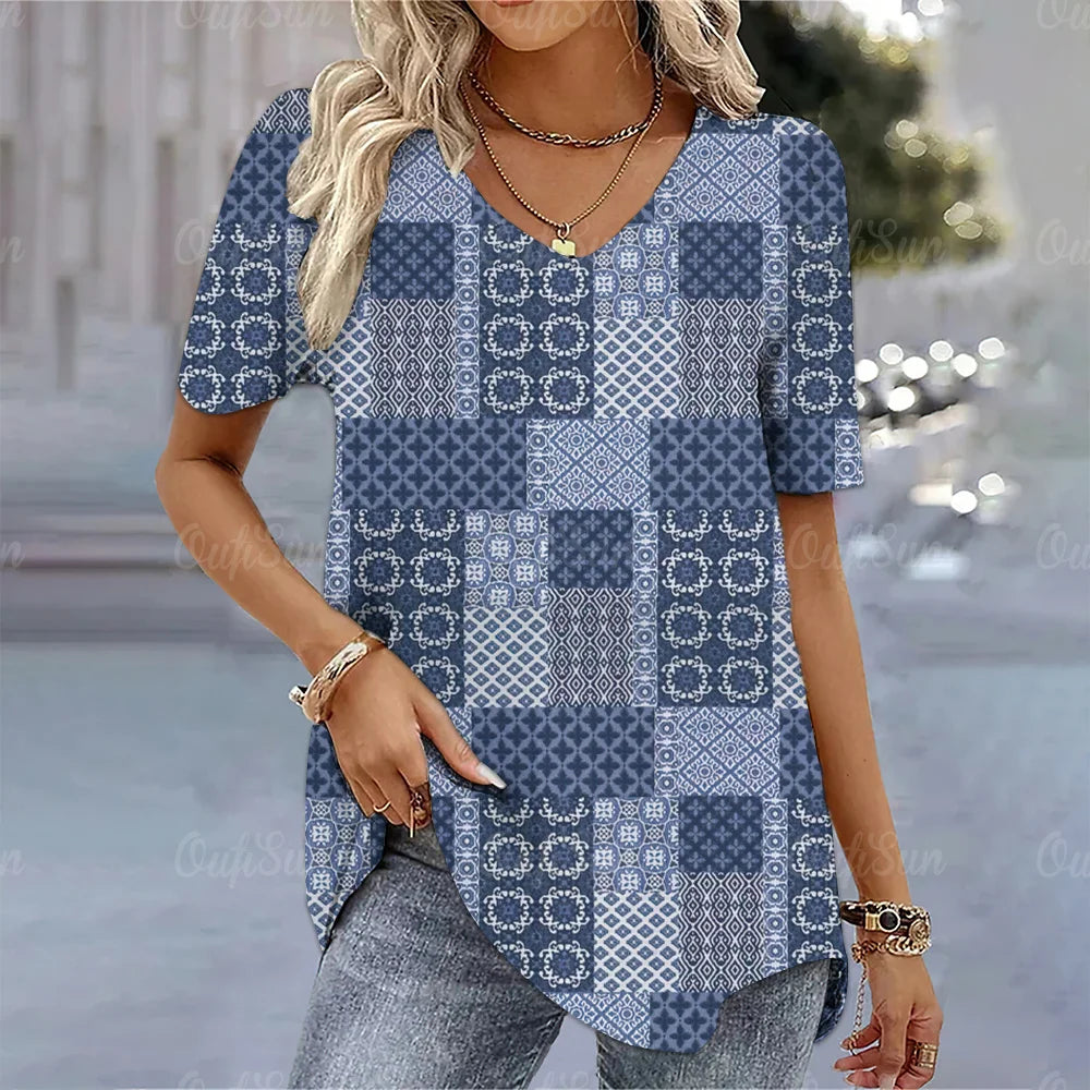 Aura Urbana 3D – Camiseta Degradada Estilo Harajuku con Cuello en V para Mujer (Oversized, Talla S–2XL)