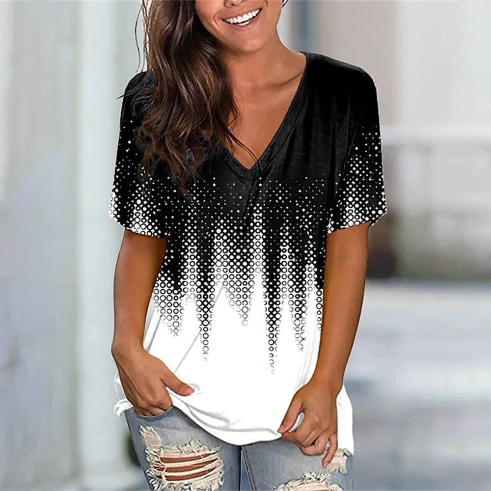 Camiseta Streetwear Mujer – Cuello en V, Rayas Degradadas, Manga Corta, Estilo Oversized Verano (S–2XL)