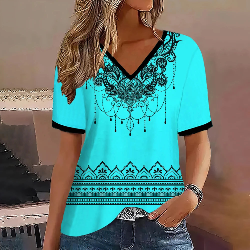 Camiseta Streetwear Mujer – Cuello en V, Rayas Degradadas, Manga Corta, Estilo Oversized Verano (S–2XL)