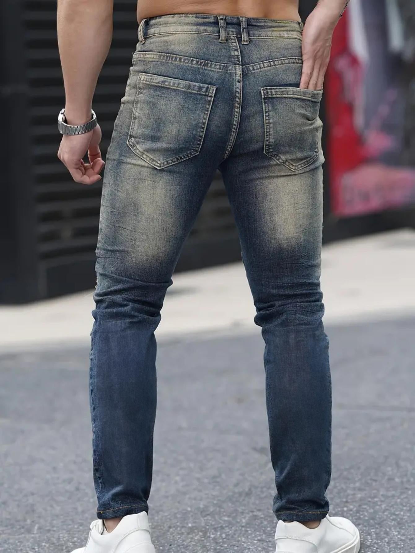 Jeans VitalRebel Hombre – Ripped Azul Marino, Corte Slim, Estilo Urbano Vintage, Transpirable y Elástico (28–38) Jeans Hombre NovaVitalShop