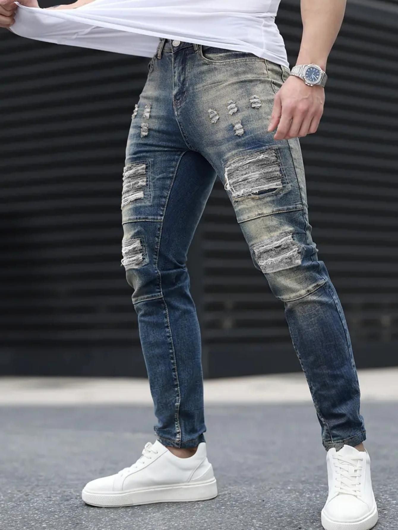 Jeans VitalRebel Hombre – Ripped Azul Marino, Corte Slim, Estilo Urbano Vintage, Transpirable y Elástico (28–38) Jeans Hombre NovaVitalShop