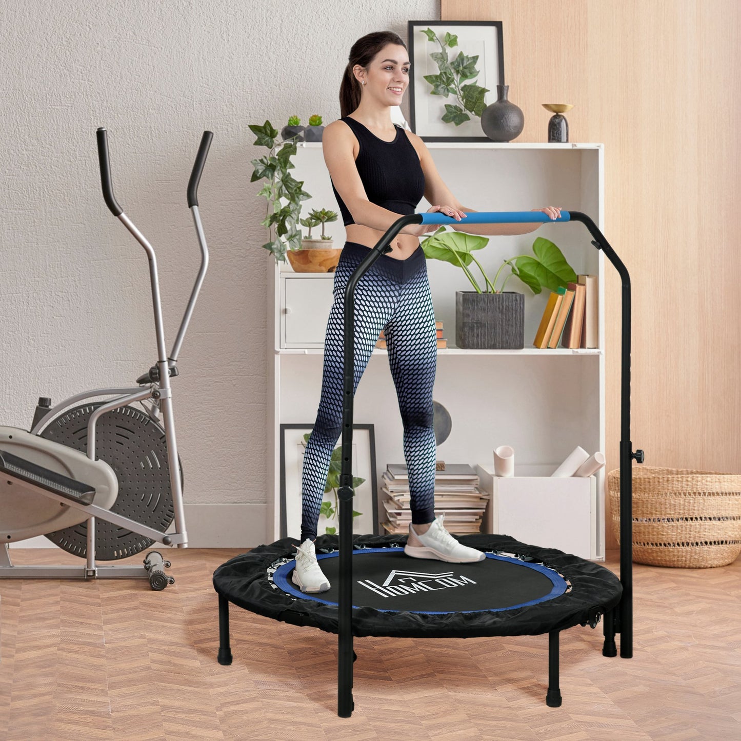 HOMCOM 40" Foldable Mini Fitness Trampoline in Blue, with Adjustable Foam Handle Mini Fitness Trampolines ORDIFY DIRECT LTD