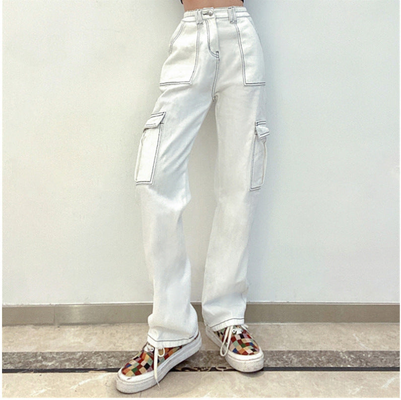 Jeans VitalCargo Mujer – Recto, Cintura Alta, Multi-bolsillo Estilo Militar (S–2XL) Jeans / Pantalones Mujer Mi tienda White 2XL