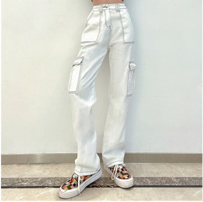 Jeans VitalCargo Mujer – Recto, Cintura Alta, Multi-bolsillo Estilo Militar (S–2XL) Jeans / Pantalones Mujer Mi tienda White 2XL