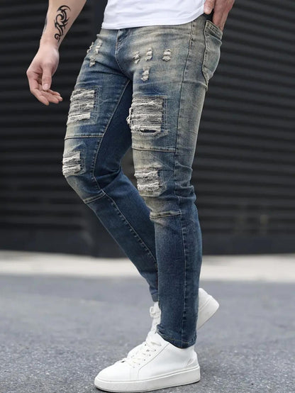Jeans VitalRebel Hombre – Ripped Azul Marino, Corte Slim, Estilo Urbano Vintage, Transpirable y Elástico (28–38) Jeans Hombre NovaVitalShop