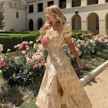 Vestido Largo Floral con Mangas Abullonadas – Estilo Bohemio y Elegancia de Verano (Cuello Cuadrado, Corte A, Talla S–XL)
