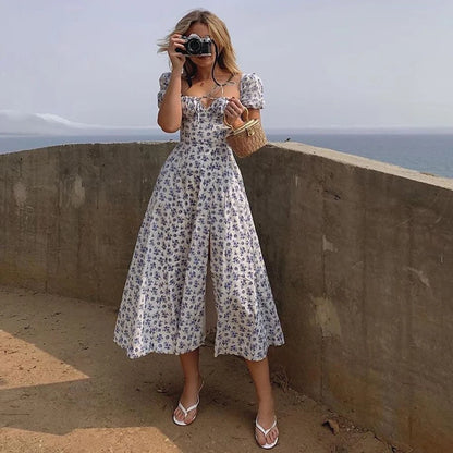 Vestido Largo Floral con Mangas Abullonadas – Estilo Bohemio y Elegancia de Verano (Cuello Cuadrado, Corte A, Talla S–XL) leggings mujer NovaVitalShop
