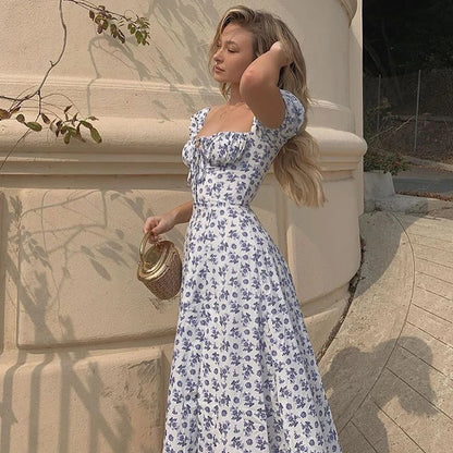 Vestido Largo Floral con Mangas Abullonadas – Estilo Bohemio y Elegancia de Verano (Cuello Cuadrado, Corte A, Talla S–XL) leggings mujer NovaVitalShop