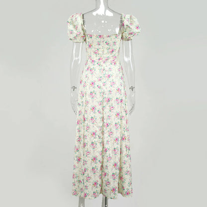 Vestido Largo Floral con Mangas Abullonadas – Estilo Bohemio y Elegancia de Verano (Cuello Cuadrado, Corte A, Talla S–XL) leggings mujer NovaVitalShop