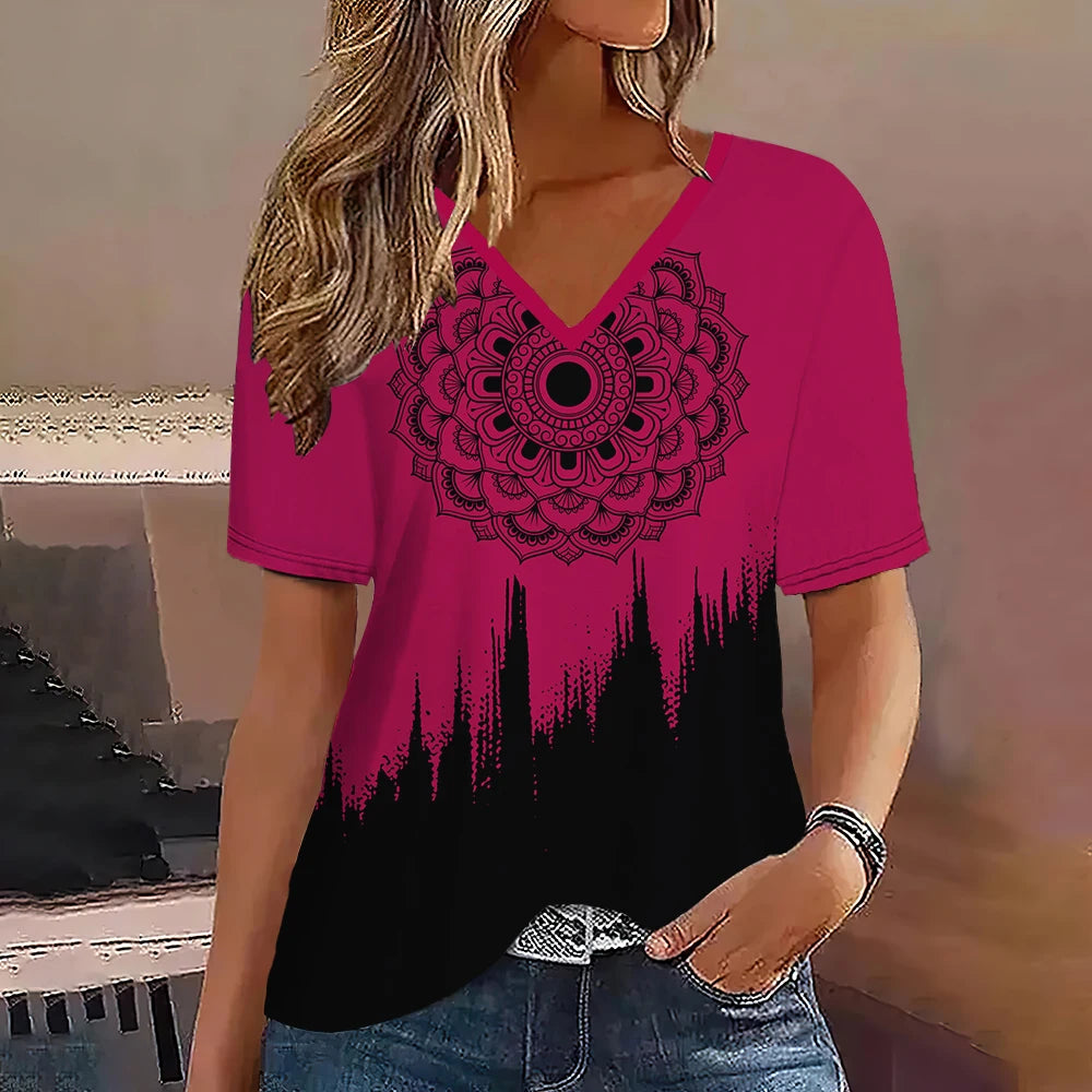 Camiseta Streetwear Mujer – Cuello en V, Rayas Degradadas, Manga Corta, Estilo Oversized Verano (S–2XL) Camisetas Mujer Oversized NovaVitalShop K01-SM11742 L