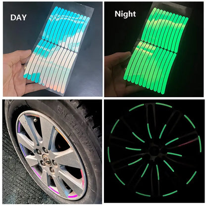 Kit Decorativo para Ruedas – 20 Stickers Reflectantes + 4 Tapas de Válvula Fluorescentes (Universal para Auto, Moto y Bicicleta) auto NovaVitalShop