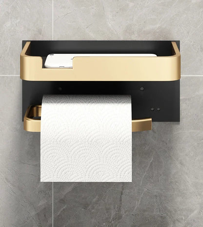 Porta Papel Higiénico VitalDesign™ – Negro y Dorado con Repisa | Elegancia y Funcionalidad para Baños Modernos Baño y Decoración NovaVitalShop