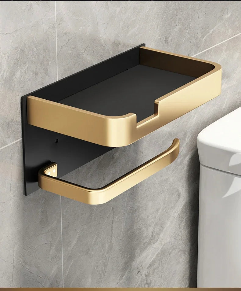 Porta Papel Higiénico VitalDesign™ – Negro y Dorado con Repisa | Elegancia y Funcionalidad para Baños Modernos Baño y Decoración NovaVitalShop