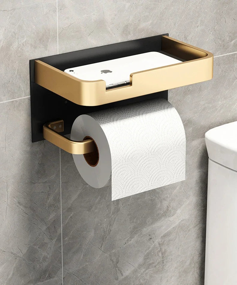 Porta Papel Higiénico VitalDesign™ – Negro y Dorado con Repisa | Elegancia y Funcionalidad para Baños Modernos Baño y Decoración NovaVitalShop