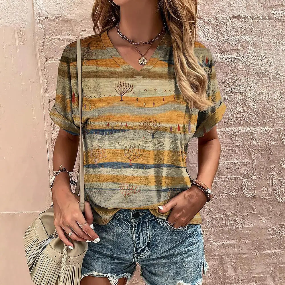 Retro Vibes – Camiseta Harajuku con Rayas y Cuello en V para Mujer (Estilo Y2K, Talla S–XXL)