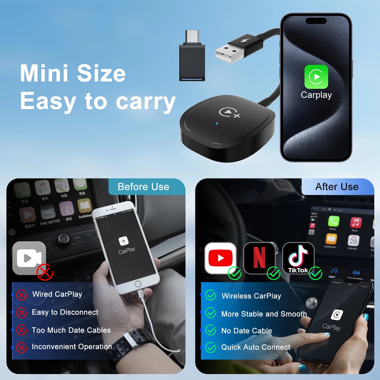 Adaptador CarPlay Inalámbrico con Streaming – Compatible con Netflix, YouTube, TikTok y Google Play (Plug & Play, USB-C) auto NovaVitalShop