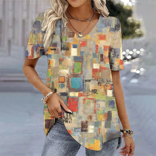 Aura Urbana 3D – Camiseta Degradada Estilo Harajuku con Cuello en V para Mujer (Oversized, Talla S–2XL) Camisetas Mujer Oversized NovaVitalShop