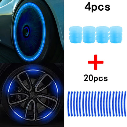 Kit Decorativo para Ruedas – 20 Stickers Reflectantes + 4 Tapas de Válvula Fluorescentes (Universal para Auto, Moto y Bicicleta) auto NovaVitalShop