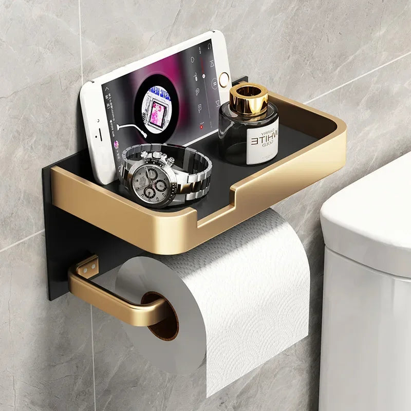 Porta Papel Higiénico VitalDesign™ – Negro y Dorado con Repisa | Elegancia y Funcionalidad para Baños Modernos Baño y Decoración NovaVitalShop