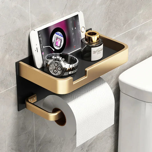Porta Papel Higiénico VitalDesign™ – Negro y Dorado con Repisa | Elegancia y Funcionalidad para Baños Modernos Baño y Decoración NovaVitalShop