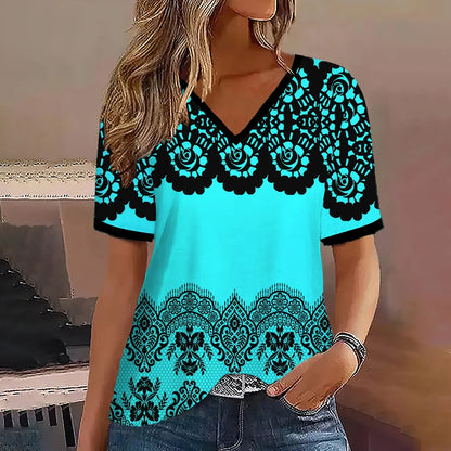 Camiseta Streetwear Mujer – Cuello en V, Rayas Degradadas, Manga Corta, Estilo Oversized Verano (S–2XL)