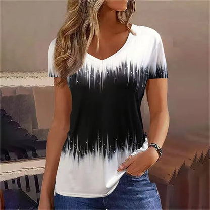 Camiseta Streetwear Mujer – Cuello en V, Rayas Degradadas, Manga Corta, Estilo Oversized Verano (S–2XL)