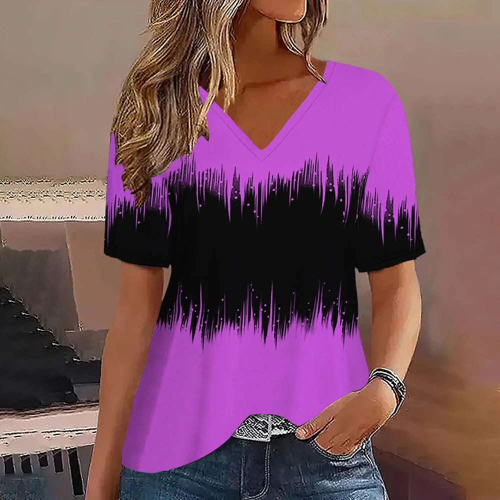 Camiseta Streetwear Mujer – Cuello en V, Rayas Degradadas, Manga Corta, Estilo Oversized Verano (S–2XL)