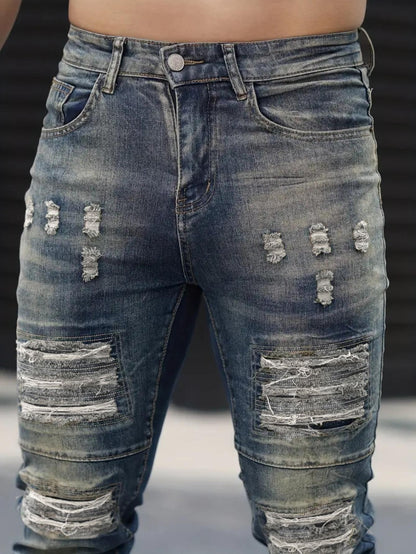 Jeans VitalRebel Hombre – Ripped Azul Marino, Corte Slim, Estilo Urbano Vintage, Transpirable y Elástico (28–38) Jeans Hombre NovaVitalShop