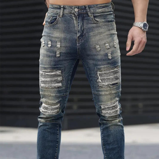 Jeans VitalRebel Hombre – Ripped Azul Marino, Corte Slim, Estilo Urbano Vintage, Transpirable y Elástico (28–38) Jeans Hombre NovaVitalShop