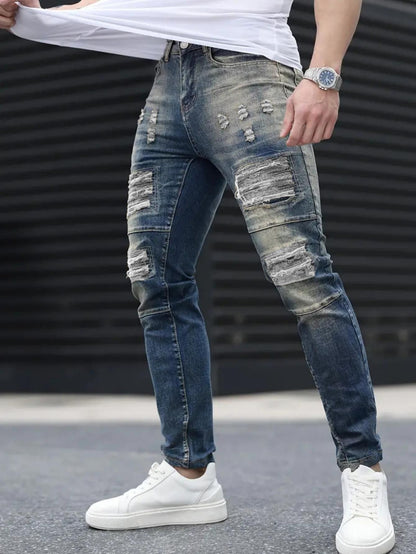 Jeans VitalRebel Hombre – Ripped Azul Marino, Corte Slim, Estilo Urbano Vintage, Transpirable y Elástico (28–38) Jeans Hombre NovaVitalShop