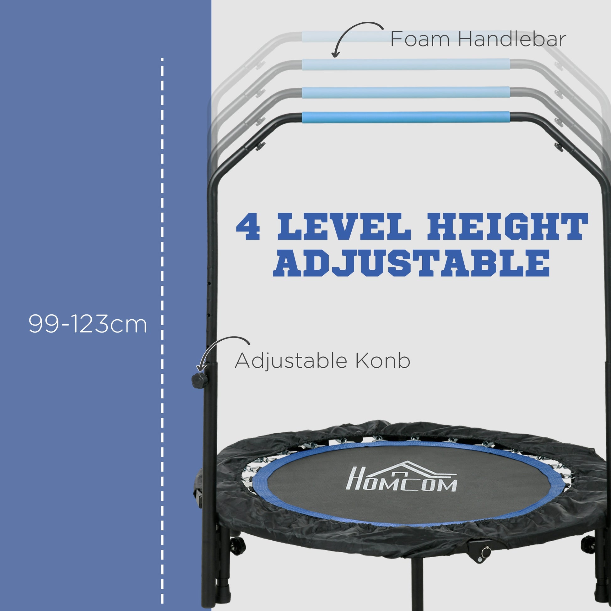 HOMCOM 40" Foldable Mini Fitness Trampoline in Blue, with Adjustable Foam Handle Mini Fitness Trampolines ORDIFY DIRECT LTD